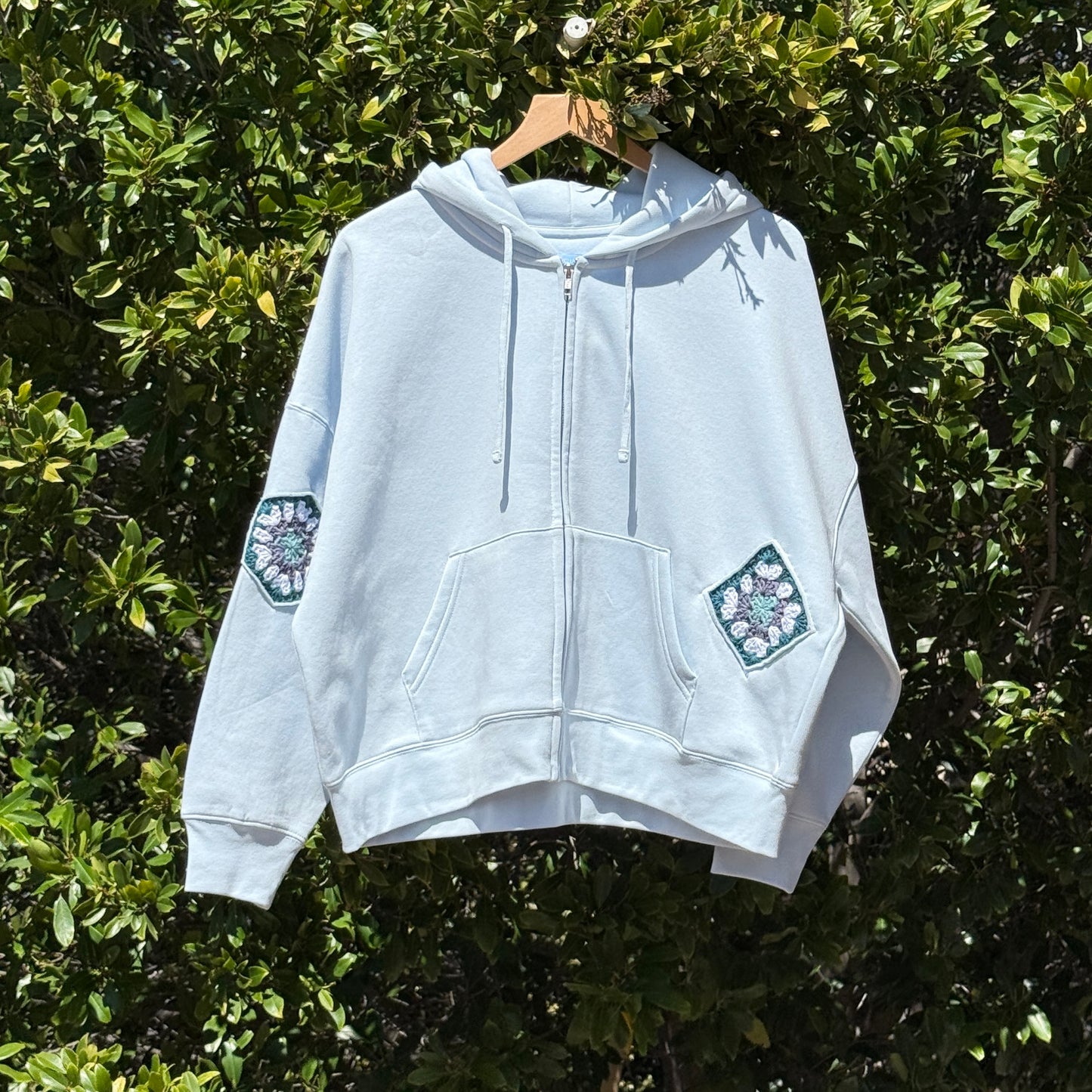 Light Blue Zip-Up with 3 Granny Squares