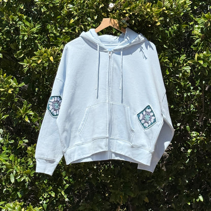 Light Blue Zip-Up with 3 Granny Squares