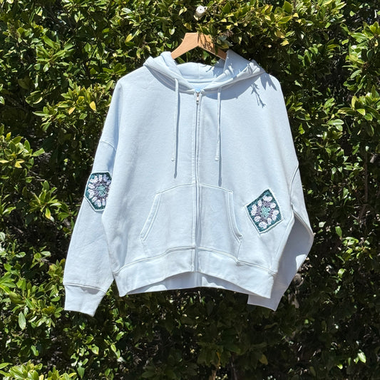 Light Blue Zip-Up with 3 Granny Squares