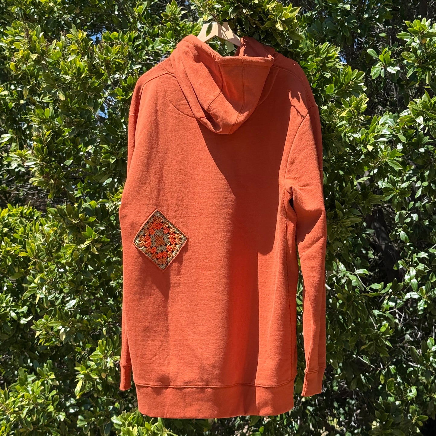 Burnt Orange Hoodie with 2 Granny Squares