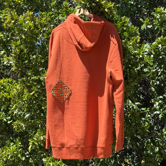 Burnt Orange Hoodie with 2 Granny Squares
