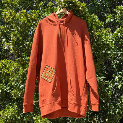 Burnt Orange Hoodie with 2 Granny Squares
