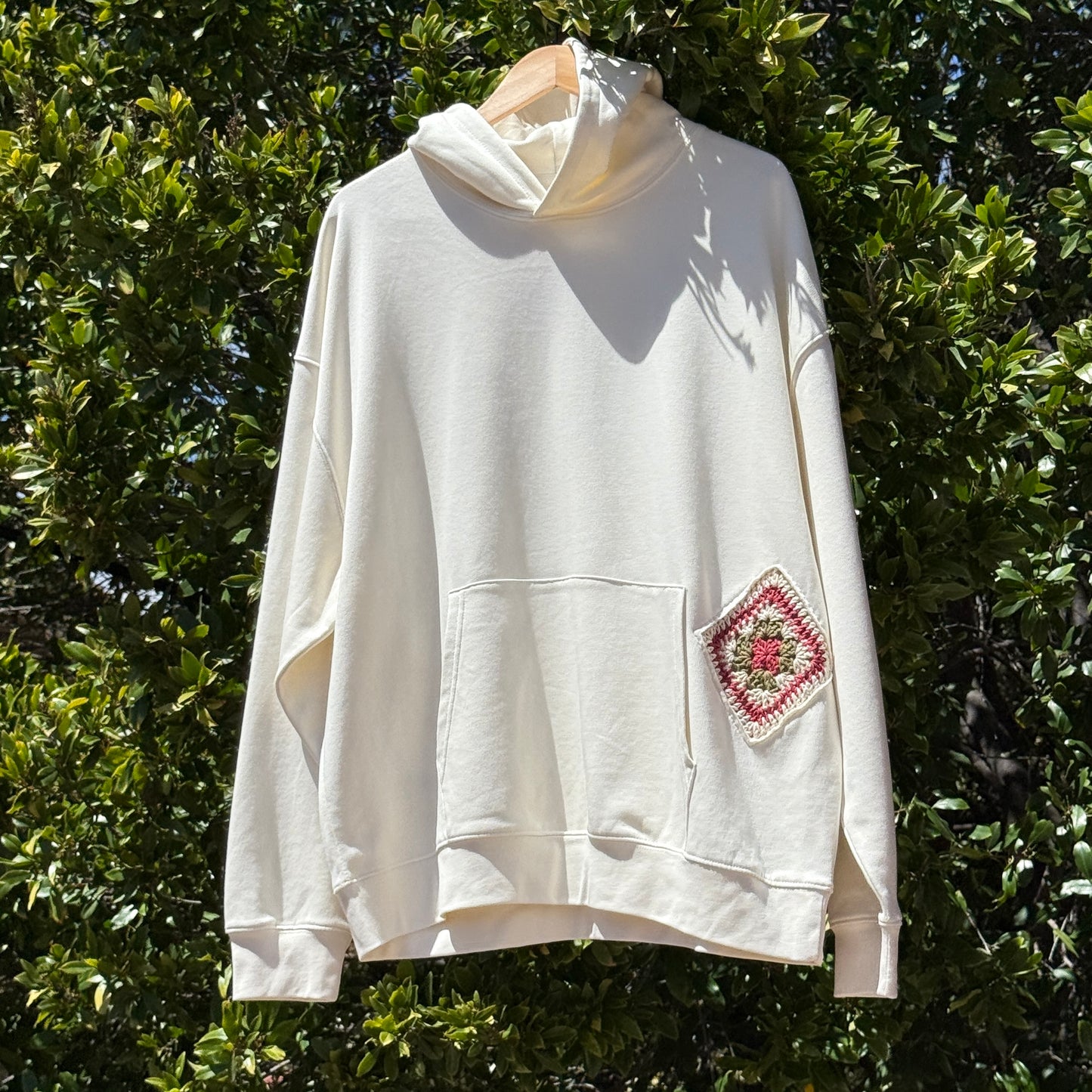 Cream Hoodie with 2 Granny Squares